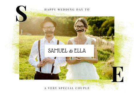 Wedding Greeting Newlyweds with Mustache Masks Postcard 5x7in Design Template
