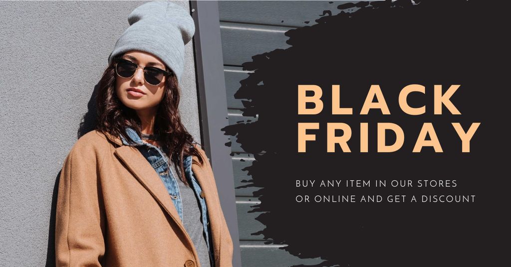 Black Friday Special Offer with Stylish Woman in Sunglasses Facebook AD Design Template