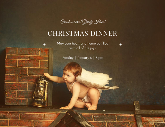 Ontwerpsjabloon van Invitation 13.9x10.7cm Horizontal van Orthodox Christmas Dinner With Little Angel On Roof