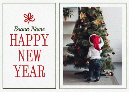 New Year Holiday Greeting with Child decorating Tree Postcard 5x7in Design Template