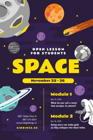 Space Lesson Announcement with Astronaut among Planets Pinterest Design Template