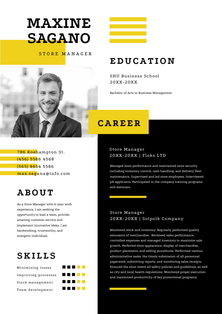 Store Manager Skills and Experience with Man Resume Design Template