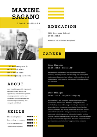 Store Manager Skills and Experience with Man Resume Design Template