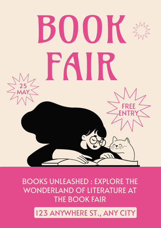 Book Fair Event Ad with Cute Girl reading with Cat Poster Design Template