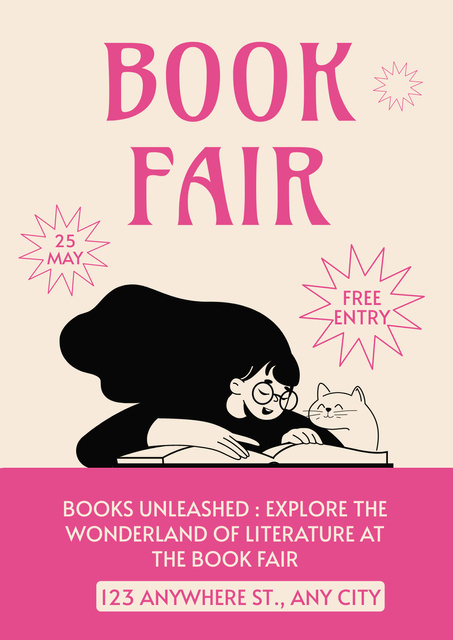 Platilla de diseño Book Fair Event Ad with Cute Girl reading with Cat Poster
