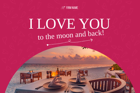 Romantic Valentine’s Day Dinner on Beach In Pink Postcard 4x6in Design Template