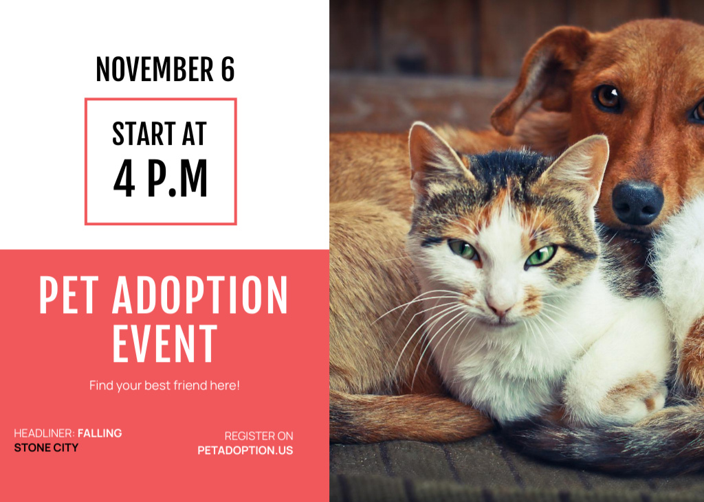 Designvorlage Pet Rehoming Event Announcement with Cute Dog and Cat für Flyer 5x7in Horizontal