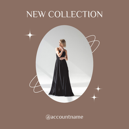 Designvorlage Ankündigung der neuen Kollektion mit einer Frau in einem wunderschönen schwarzen Kleid für Instagram