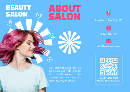 Ontwerpsjabloon van Brochure van Schoonheidssalon voorstel met jonge vrouw met roze haar