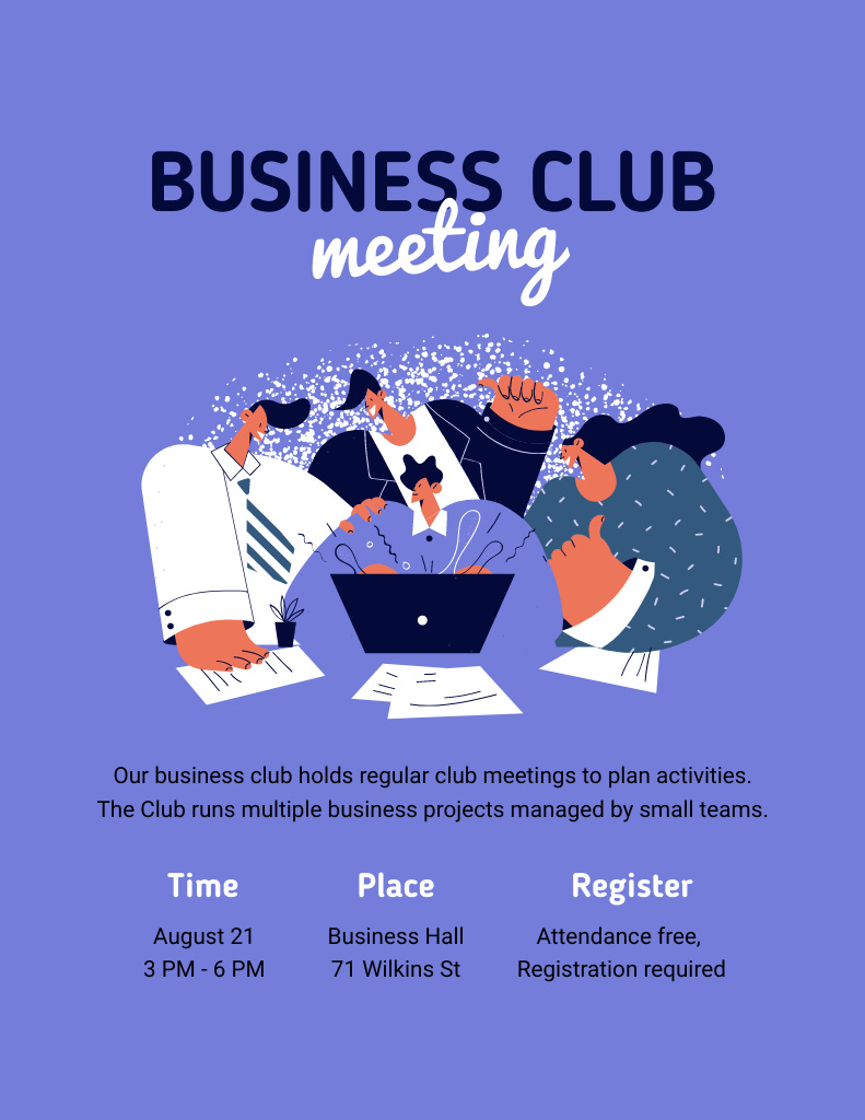 Business Club Meeting with Team with Laptop Flyer 8.5x11in Design Template