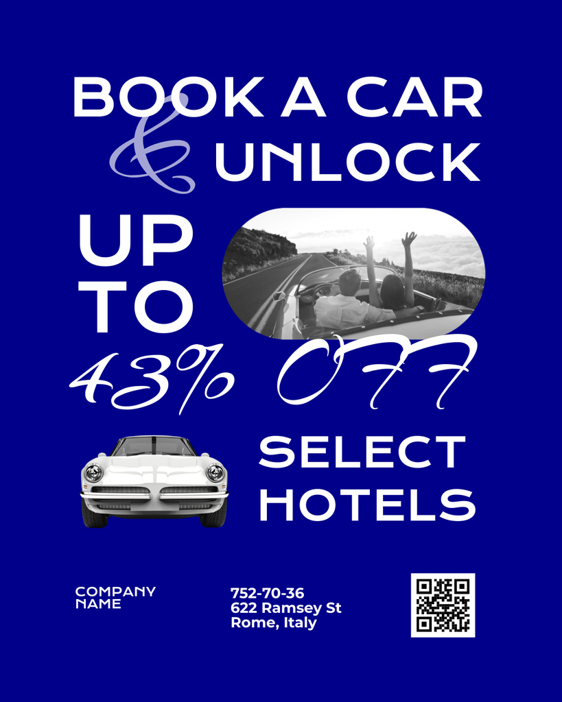Car Rent Offer with Retro Car on Blue Poster 16x20in Design Template