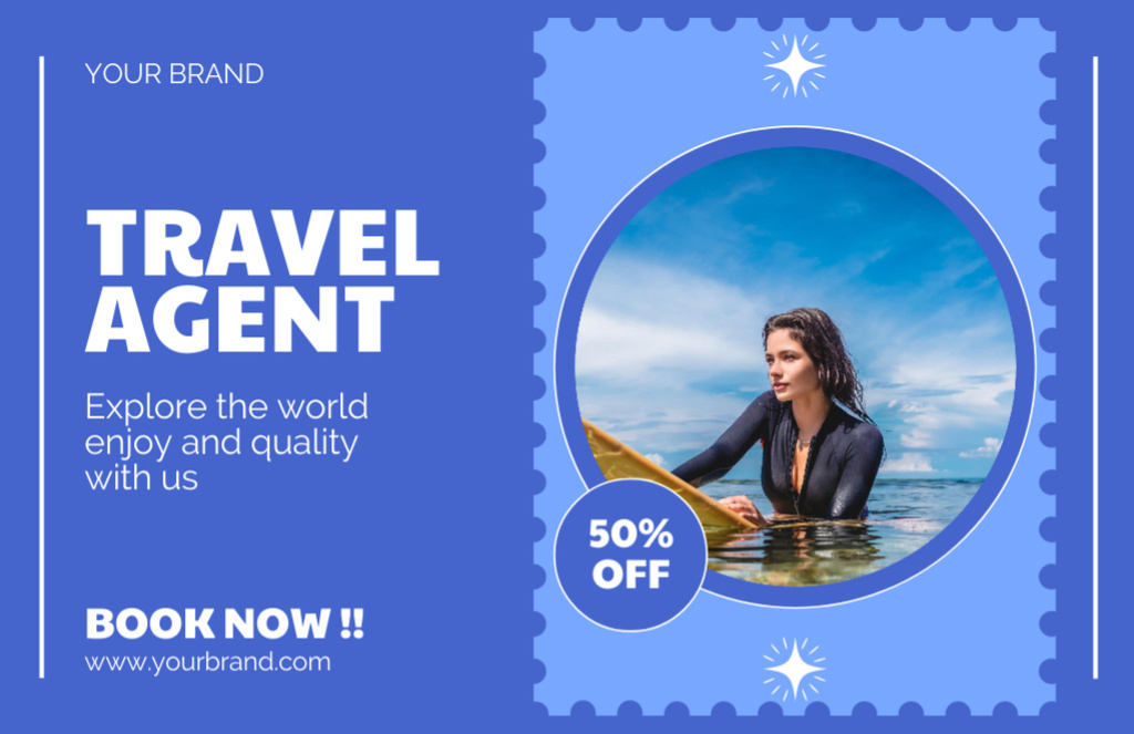 Template di design Travel Agent Offers Surfing Tours with Discount Thank You Card 5.5x8.5in