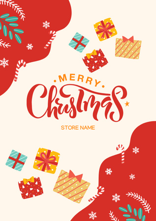 Christmas Greeting With Colorful Presents Postcard A5 Vertical Design Template