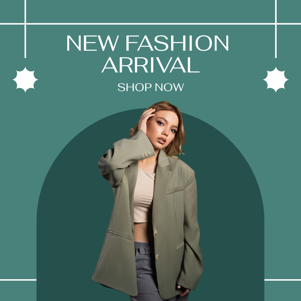 Fashion Collection Arrival Ad with Stylish Woman on Green Instagram Šablona návrhu