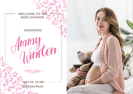 Template di design Doccia di bambino con la donna incinta felice sul rosa Postcard