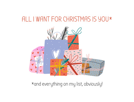 Designvorlage Weihnachtsgruß mit illustrierten Geschenken und Zitat für Postcard 4.2x5.5in