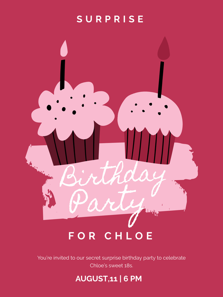 Birthday Party Announcement with Pink Cupcakes Poster US Šablona návrhu