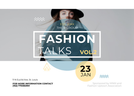 Platilla de diseño Fashion Talks Announcement with Woman in Stylish Hat Flyer 5x7in Horizontal