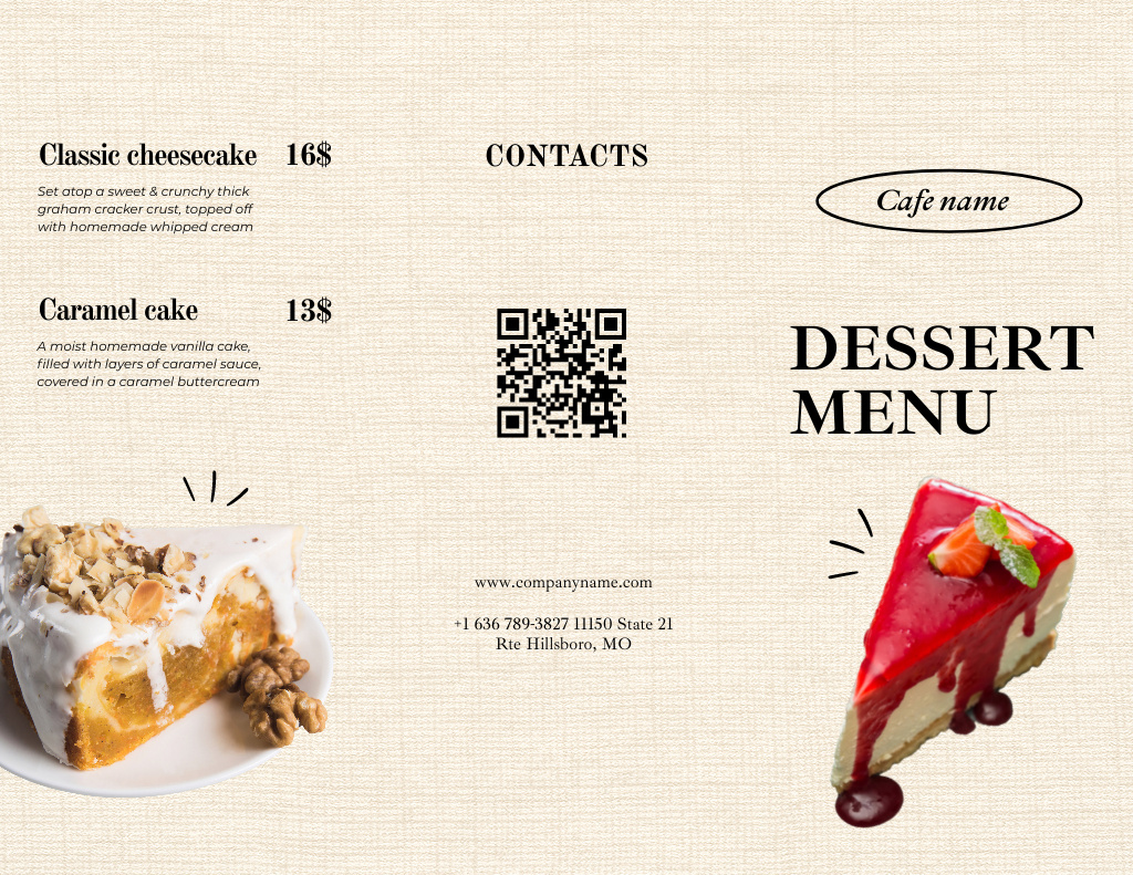 Sweet Caramel Cake And Dessert List Menu 11x8.5in Tri-Fold Design Template