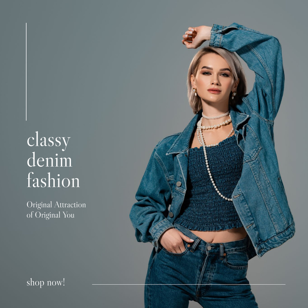 Blue Grey Woman Denim Instagram Post for Fashion Sale Instagram tervezősablon