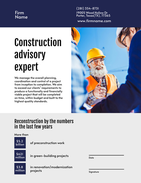 Construction Advisory Services Letterhead 8.5x11in Šablona návrhu