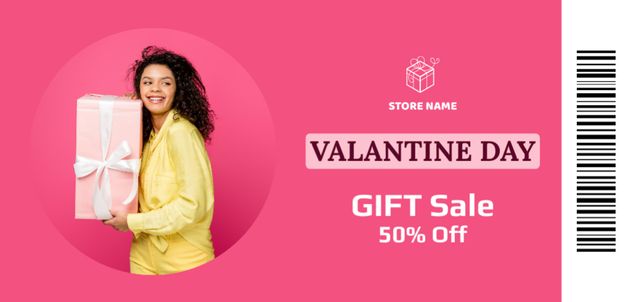 Valentine's Day Gift Discount Announcement with Young African American Woman Coupon Din Large Šablona návrhu