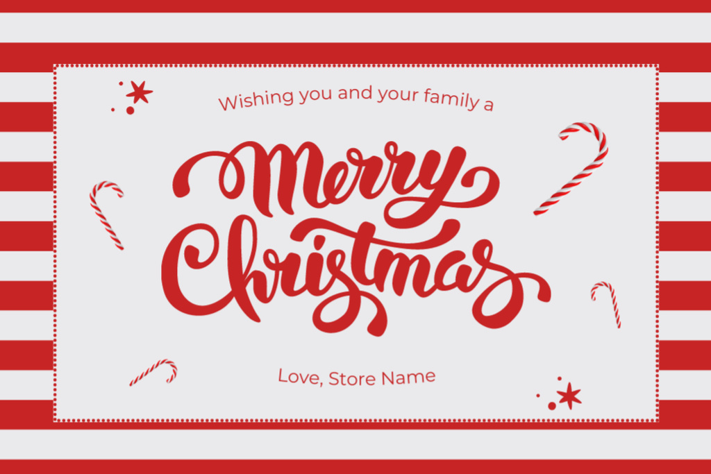 Christmas Wishes with Candy Cane and Bright Stripes Postcard 4x6in Šablona návrhu