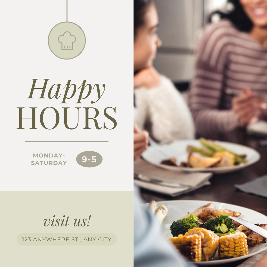 Happy Hours Ad with People Enjoying Food in Restaurant Instagram Šablona návrhu