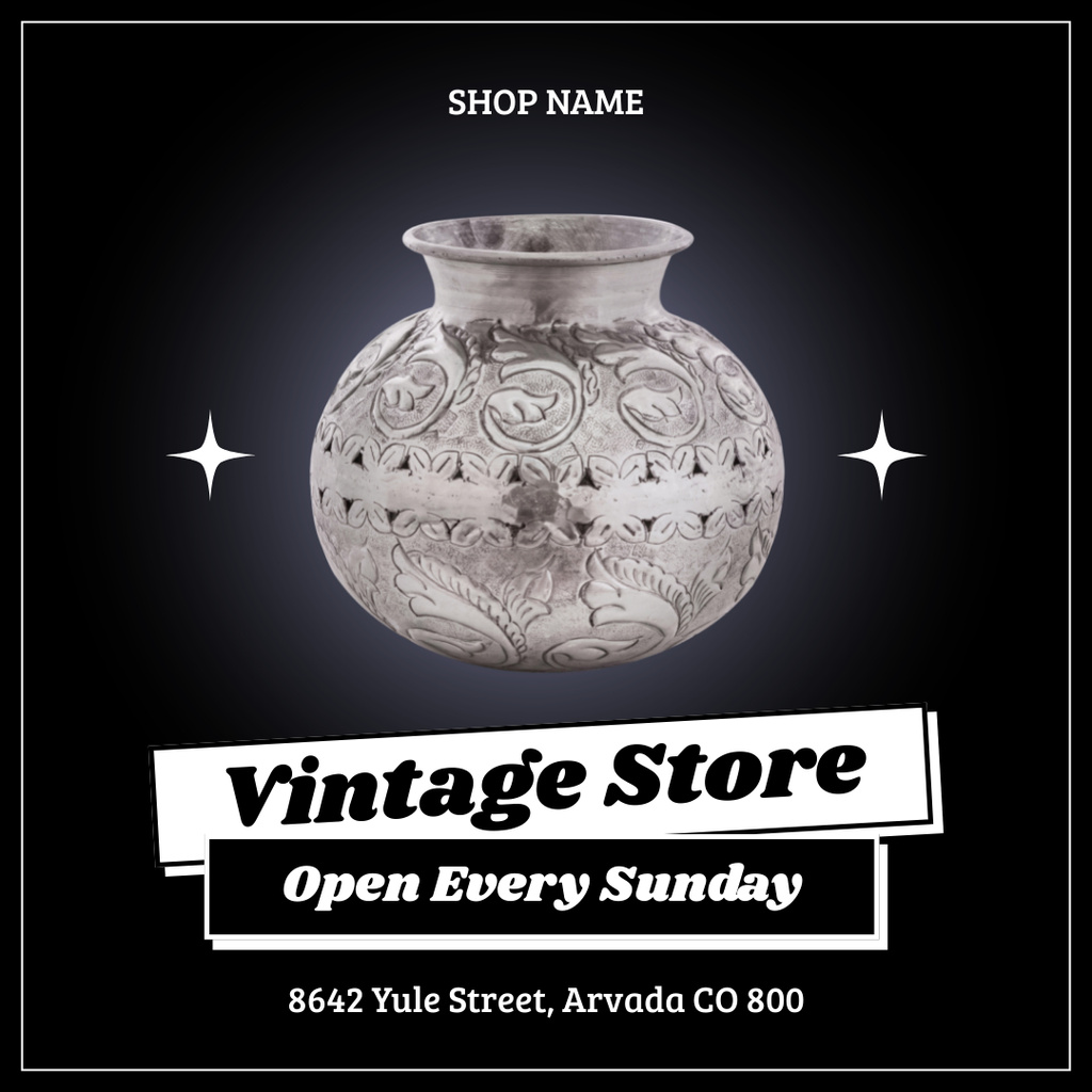 Template di design Antiques Store Promotion With Shining Vase In Black Instagram AD