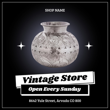 Modèle de visuel Promotion de magasin d'antiquités avec vase brillant en noir - Instagram AD