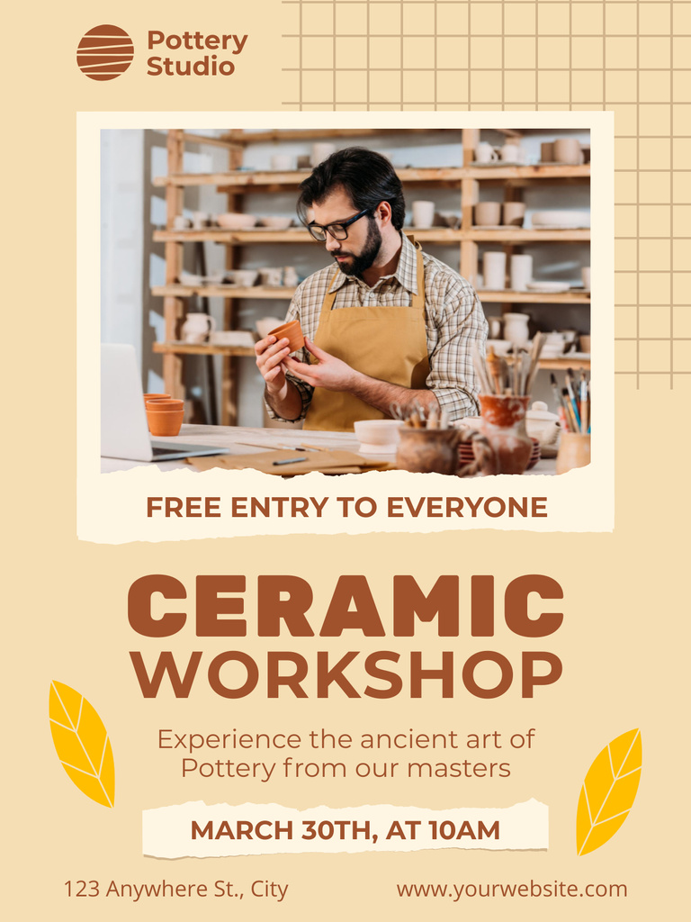 Ceramic Workshop Ad with Potter in Apron Poster US Tasarım Şablonu