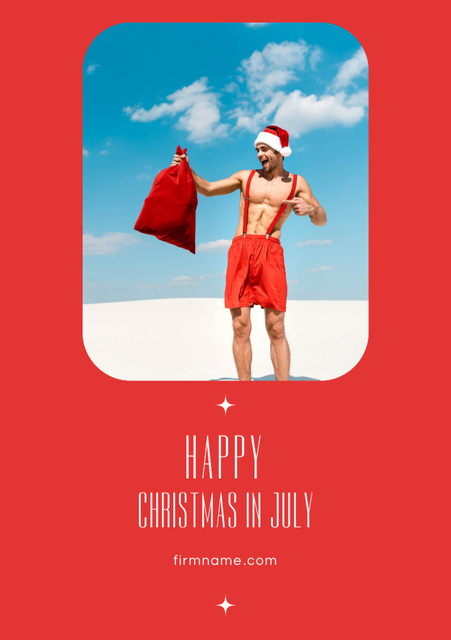Cheerful Man in Santa Claus Costume Standing on Beach in Sunny Day Postcard A5 Verticalデザインテンプレート