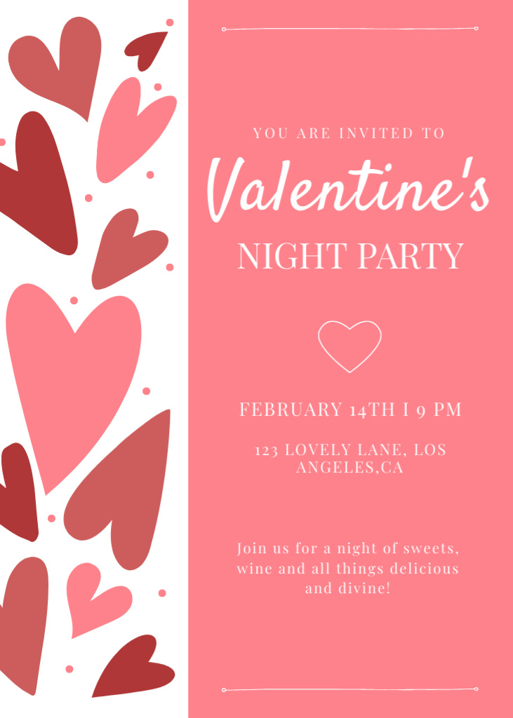 Valentine's Day Night Party Announcement with Pink Hearts Invitationデザインテンプレート