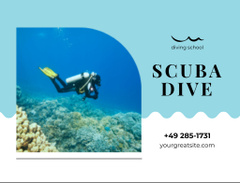 Scuba Dive School Ad on Blue with Man near Reef