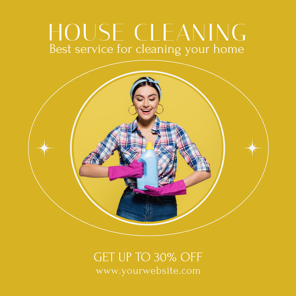 House Cleaning Services Ad with an Girl in Pink Gloves Instagramデザインテンプレート
