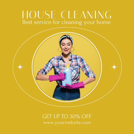 Plantilla de diseño de Anuncio de servicios de limpieza de casas con una chica con guantes rosas Instagram 
