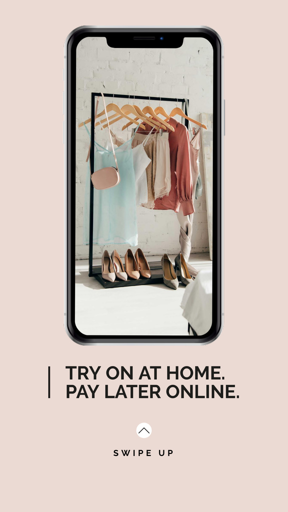 Online Fashion App Offer with Wardrobe on Phone Screen Instagram Story Modelo de Design