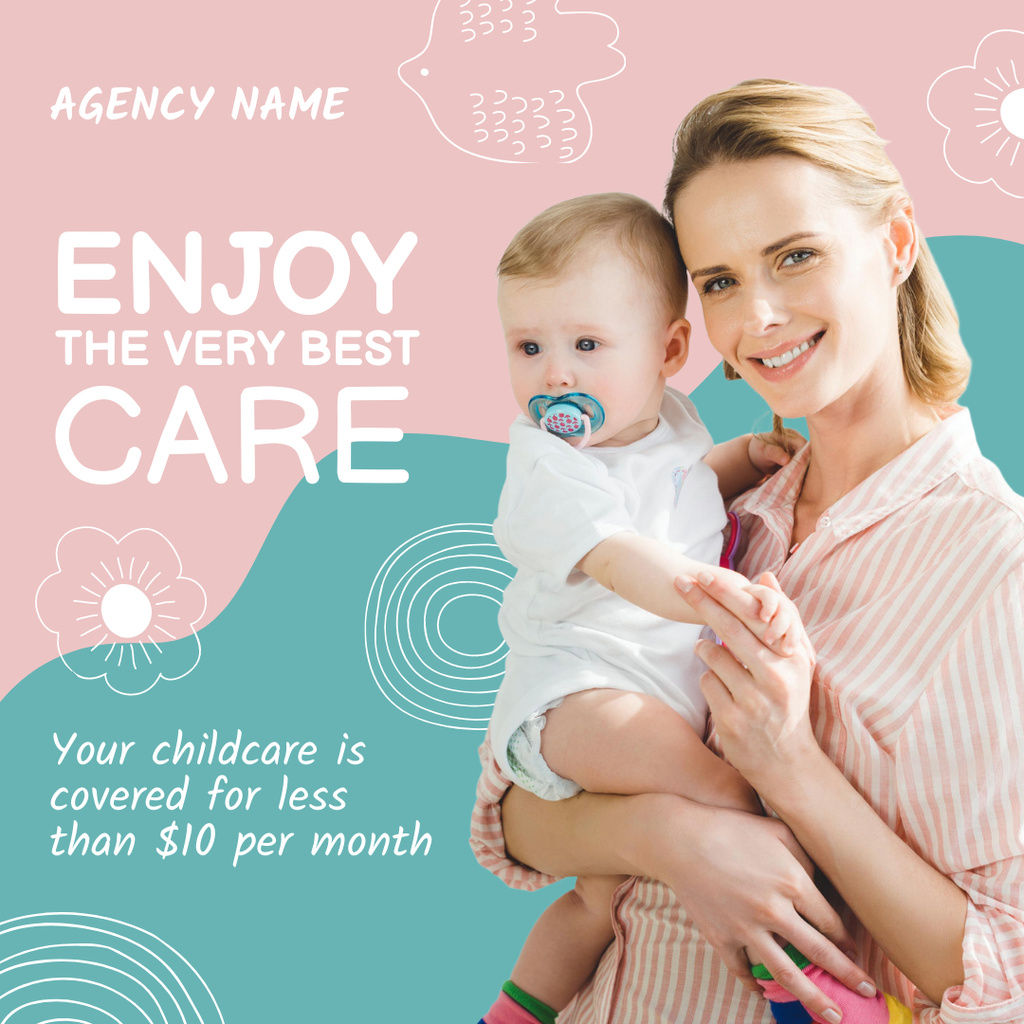 Caring Nanny Holding Baby in her Arms on Pink Instagram Design Template