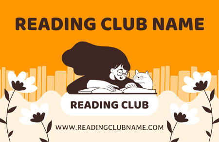 Plantilla de diseño de Invitación del club de lectura con linda chica y gato con libro Business Card 85x55mm 