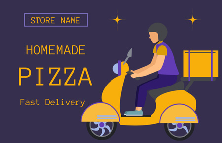 Plantilla de diseño de Mensajero en scooter entrega pizza casera Business Card 85x55mm 