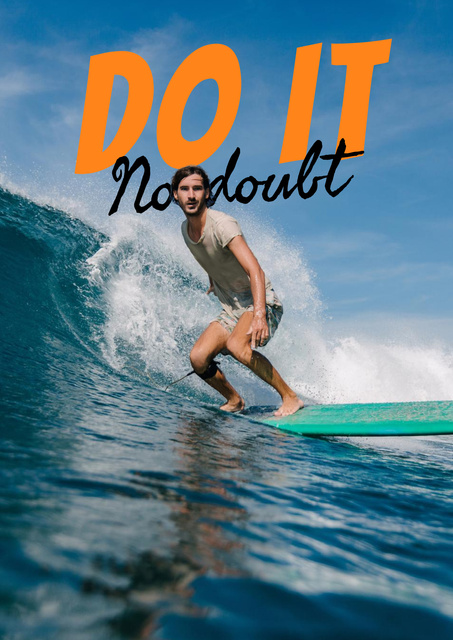 Young Man Surfs Ocean Wave  Poster Design Template