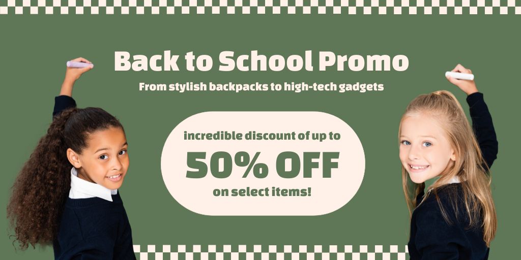Discount on All School Supplies with Little Schoolgirls in Uniform Twitter – шаблон для дизайну