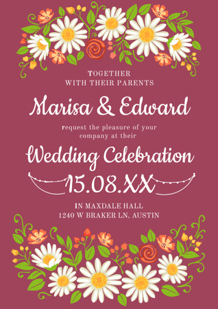 Wedding Invitation with Flowers on wooden background Flyer A4 Design Template