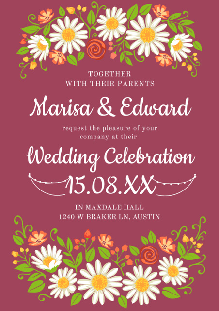 Wedding Invitation with Flowers Illustration Flyer A4 tervezősablon