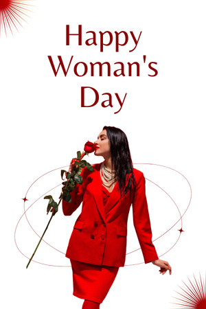 Celebração do Dia da Mulher com Mulher segurando Rosa Pinterest Modelo de Design