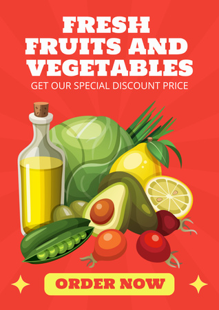 Grocery Store Offer with Fresh Fruits and Vegetables Poster Design Template
