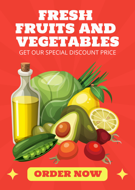 Grocery Store Offer with Fresh Fruits and Vegetables Posterデザインテンプレート