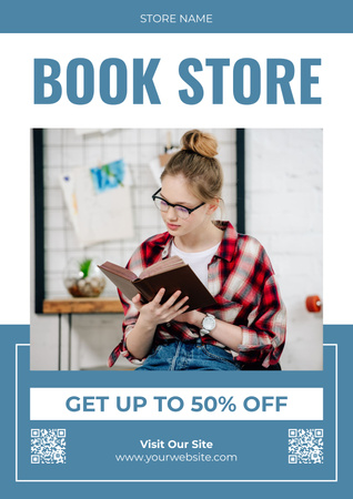 Young Girl reading Book in Bookstore Poster Design Template