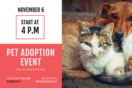 Szablon projektu Pet Adoption Event Announcement with Cute Dog and Cat Flyer 4x6in Horizontal