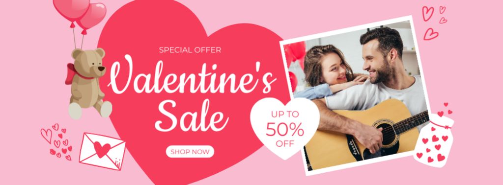 Ontwerpsjabloon van Facebook cover van Valentine's Day Sale with Couple and Guitar